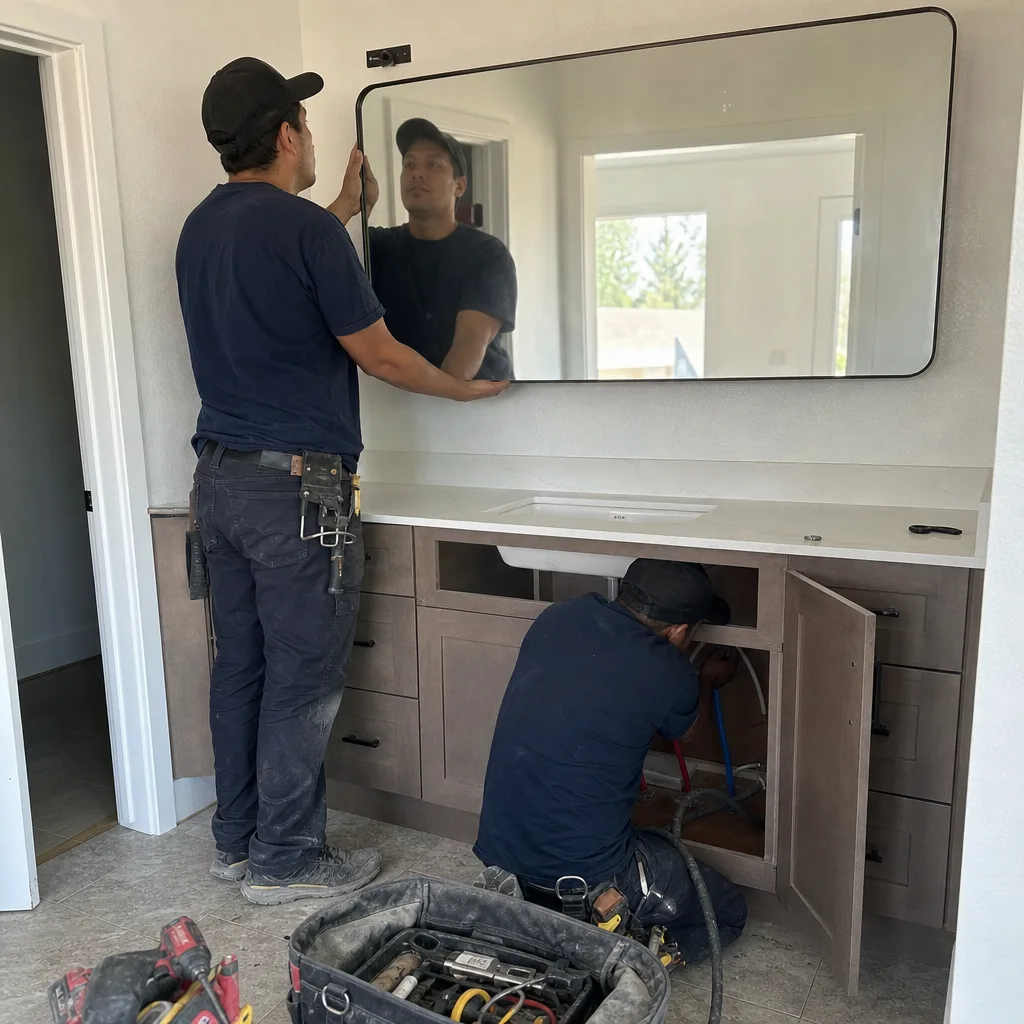 Two construction workers installing a bathroom mirror and plumbing vanity