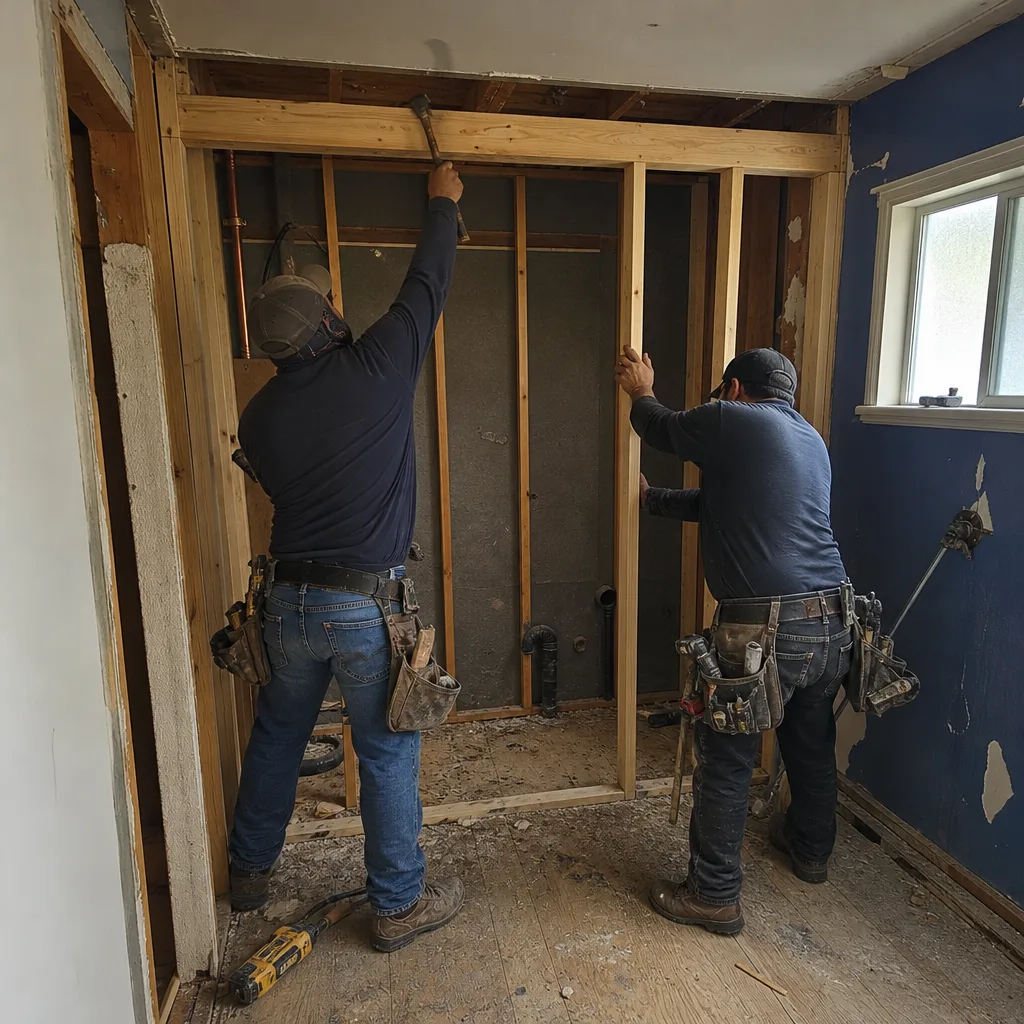 Two contractors framing a wall during a professional bathroom remodel.
