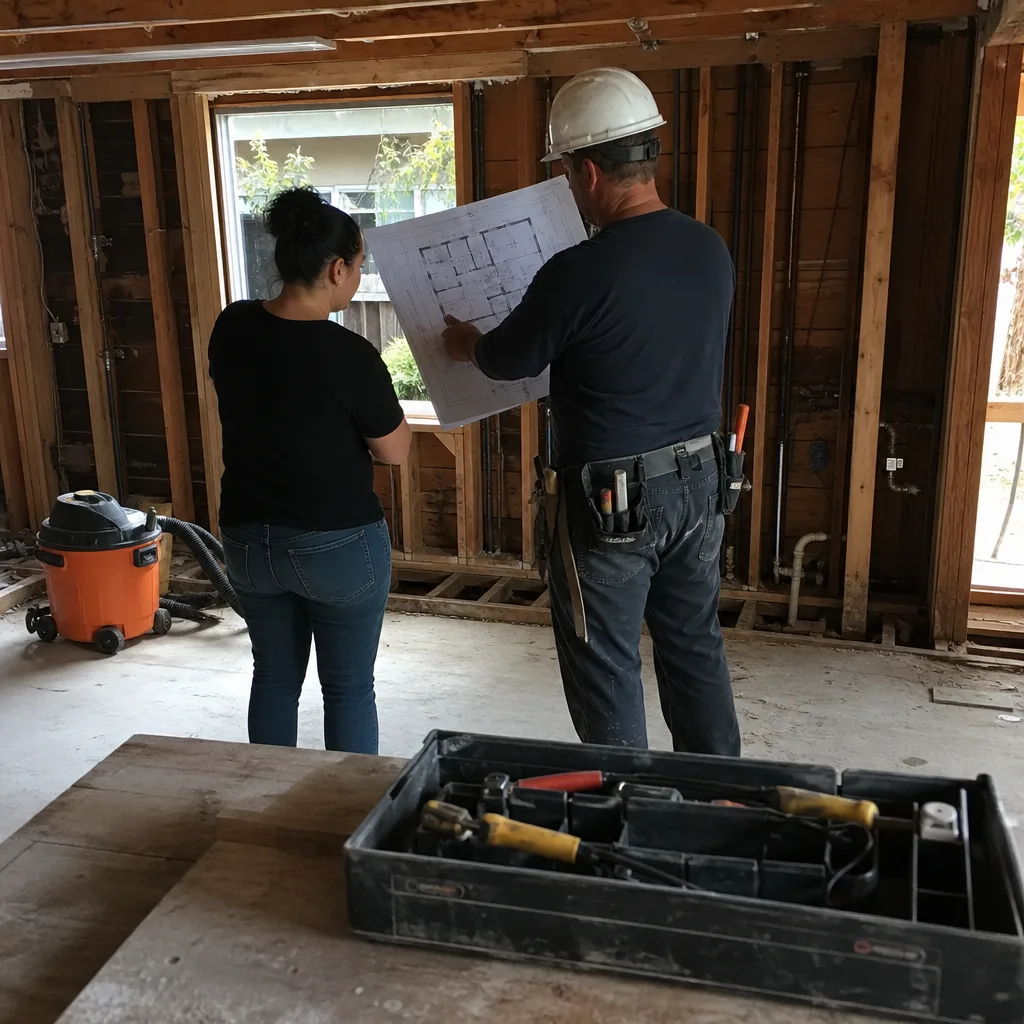 General contractor and client reviewing house renovation blueprints on construction site