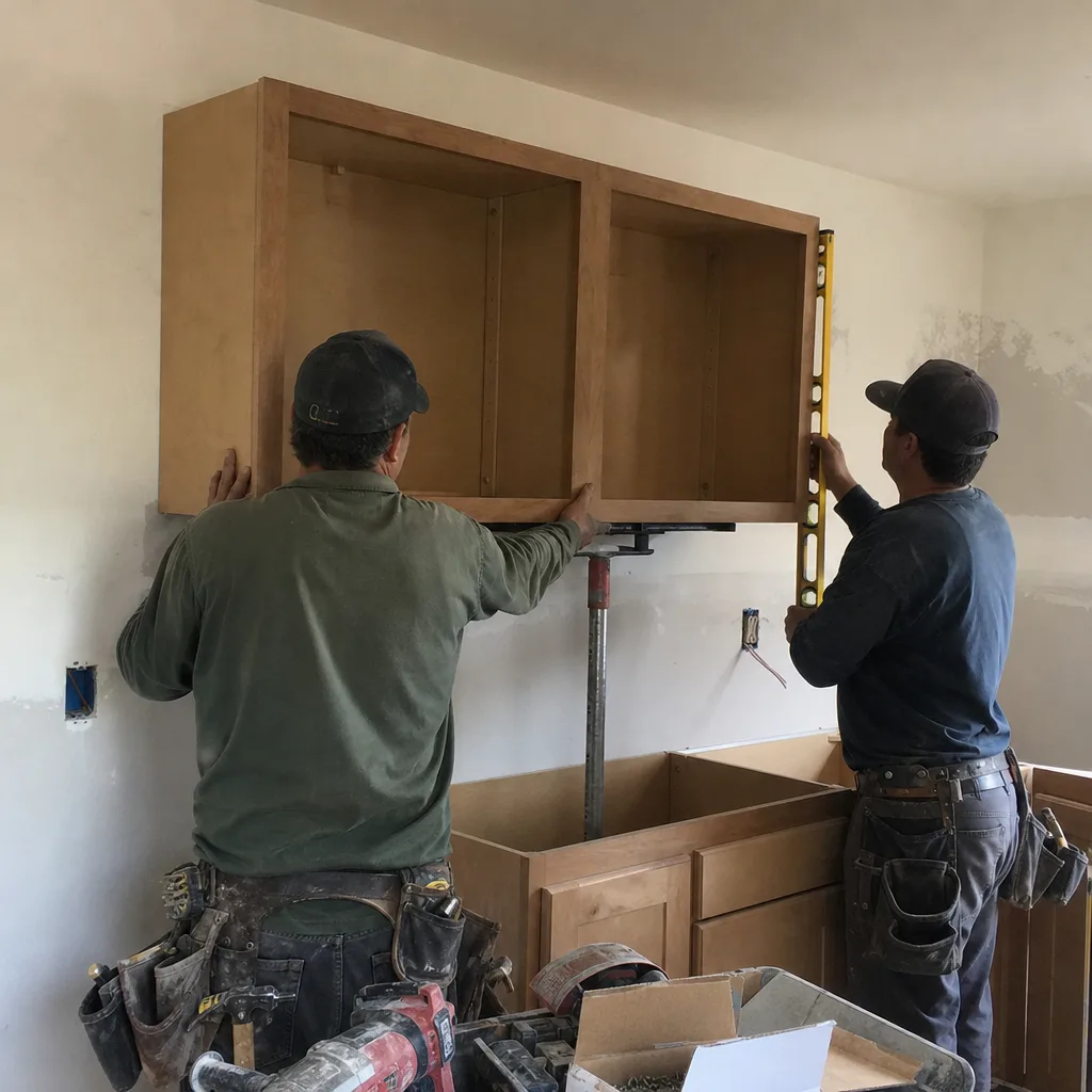 Two construction workers installing wooden kitchen cabinets with a level