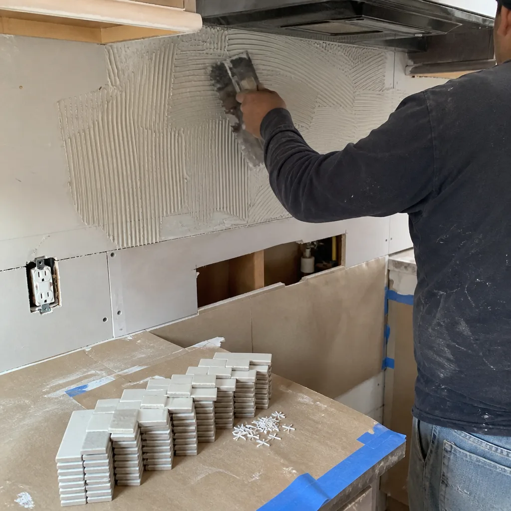 Contractor applying mortar for a kitchen tile backsplash installation