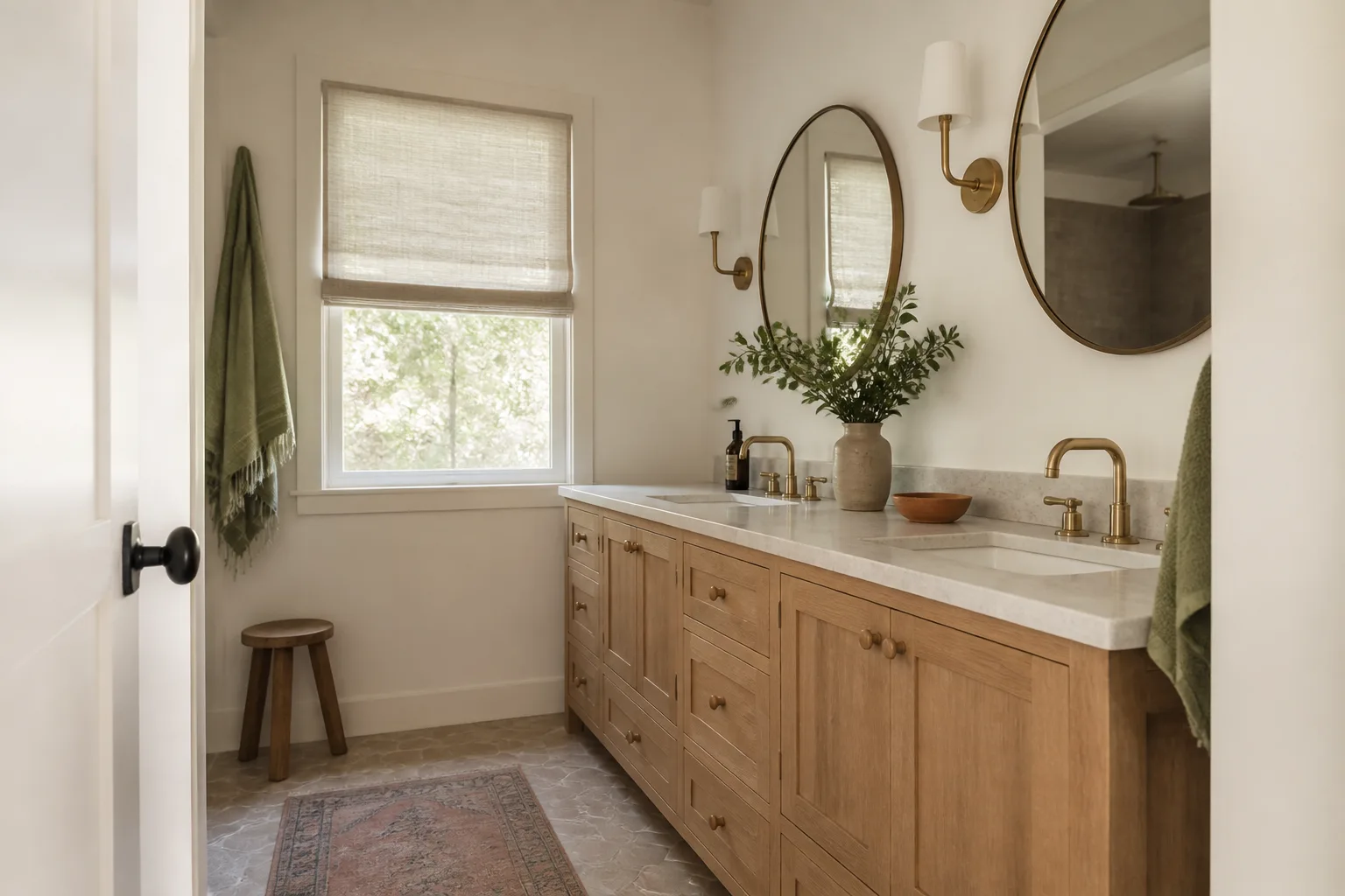 A wood double vanity with two mirrors after a bathroom remodel