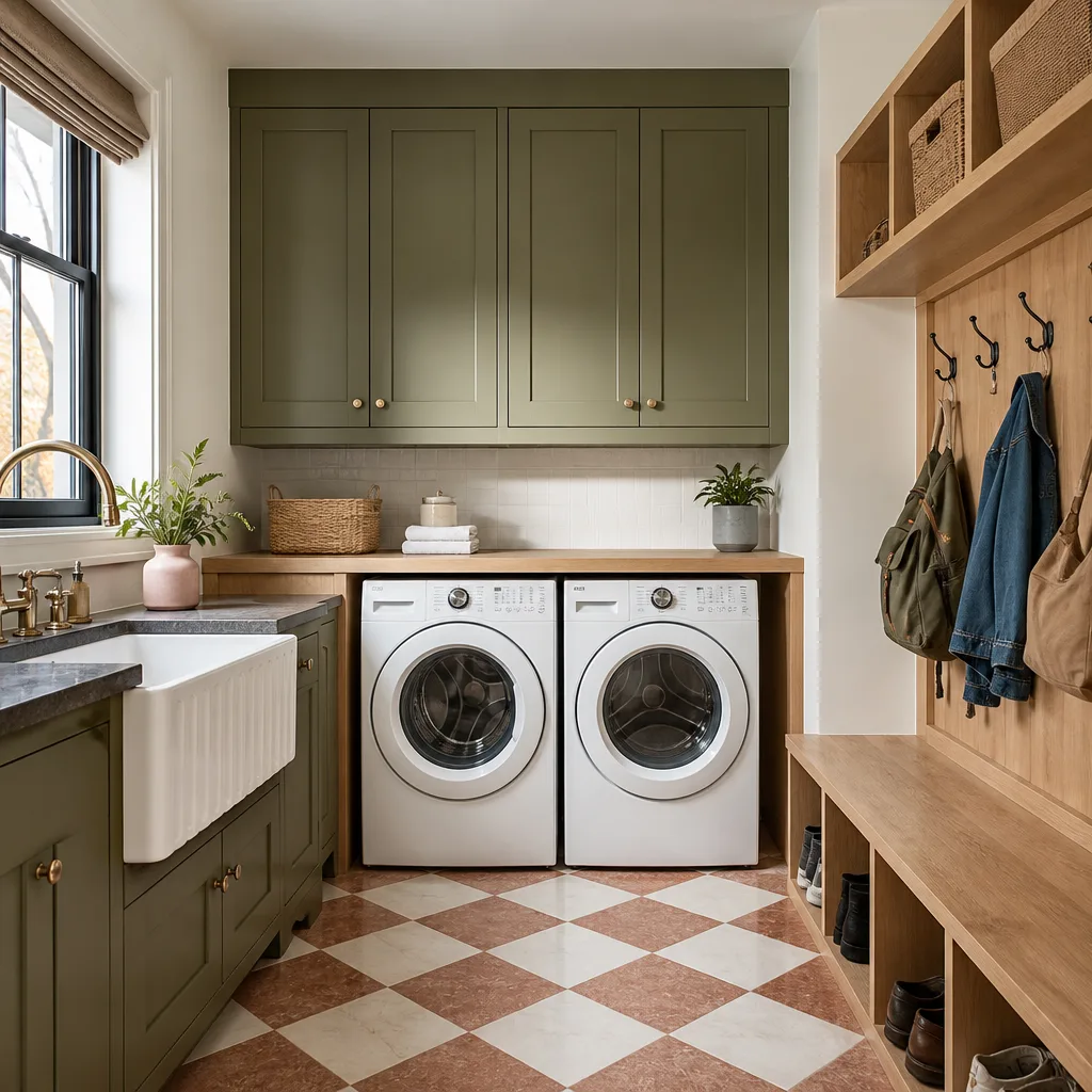 A remodeled laundry and mudroom with a bench, cubbies and painted cabinets